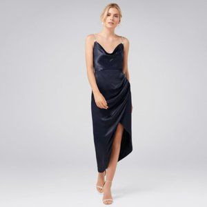 Embellished satin navy cowl neck midi dress